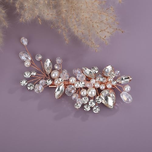 Teyglen Bridal Rhinestone Hair Clip Rose Gold Pearl Crystal Hair Barrette Sparkly Hair Piece Wedding Hair Clips Hair Accessories Jewelry for Women (Rose gold) - color: Rose gold