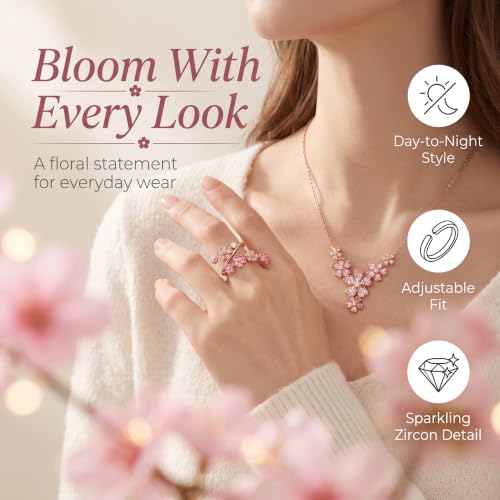 Peach Blossom Ring, Pink Adjustable Flower Open Crystal Rings for Women, Dainty Floral Rings for Vacation, Wedding - color: Mix