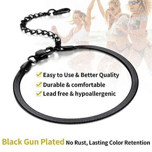 ChainsHouse Stainless Steel Herringbone Flat Chain Bracelets for Women,18K Gold/Rose Gold/Black Metal Paperclip/Snake/Cuban/Figaro Sterling Silver Link Charm Bracelet, 16+5cm Adjustable, With Gift Box - color: g. herringbone-black-3mm