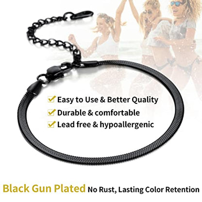 ChainsHouse Stainless Steel Herringbone Flat Chain Bracelets for Women,18K Gold/Rose Gold/Black Metal Paperclip/Snake/Cuban/Figaro Sterling Silver Link Charm Bracelet, 16+5cm Adjustable, With Gift Box - color: g. herringbone-black-3mm