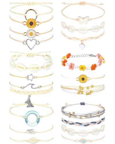 Hicarer 21 PC Surfer Wave Friendship Bracelet Set Waterproof Adjustable Boho Beach String Anklets Bulk, Summer Gift for Women - style: Beige Series