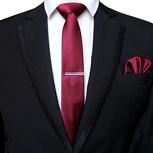 JEMYGINS 2.4" Solid Color Skinny Tie and Pocket Square with Tie Clip Sets for Men (6cm) - color: Burgundy