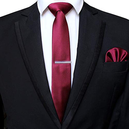 JEMYGINS 2.4" Solid Color Skinny Tie and Pocket Square with Tie Clip Sets for Men (6cm) - color: Burgundy