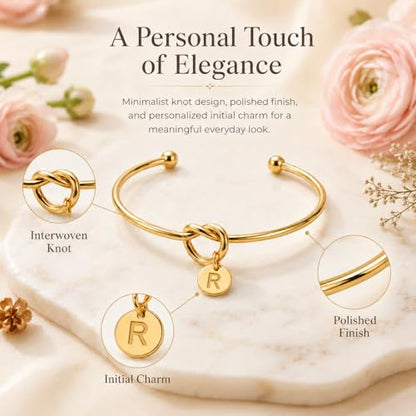 LemonRose Initial Bracelets for Women - Dainty Tie the Knot Letter A-Z 14K Gold Plated for Women Gold Cuff Bracelet for Womens Jewelry Personalized Bridesmaid Proposal Gifts - color: Gold R