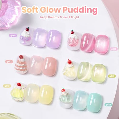 Beetles Jelly Gel Nail Polish Set, 6 Colors Pastel Cat Eye Gel Polish | Blue Purple Yellow Green Glitter Gel with Magnet Sticker Soak Off UV Gel Nail Art Salon DIY at Home Gift for Women - color: Soft Glow Pudding