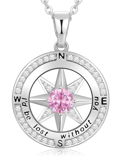 Peeshow Compass Birthstone Necklace for Women Wife, S925 Sterling Silver Gift for Wife Wedding Anniversary Birthday Gifts for Women Jewelry for Her Girlfriend I'd be Lost without You - style: 10-Oct-Tourmaline