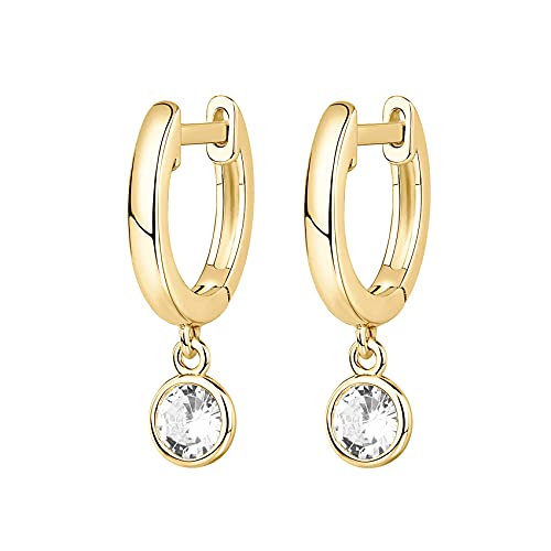 PAVOI 14K Gold Plated Huggie Hoop Earrings with Charms for Women - 925 Sterling Silver Posts Dainty Motif Huggie Hoop Dangle Earrings - Lightweight Dangle Drop Jewelry with Cubic Zirconia - style: Round
