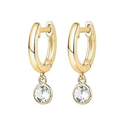 PAVOI 14K Gold Plated Huggie Hoop Earrings with Charms for Women - 925 Sterling Silver Posts Dainty Motif Huggie Hoop Dangle Earrings - Lightweight Dangle Drop Jewelry with Cubic Zirconia - style: Round