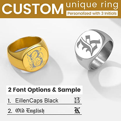 GoldChic Jewelry Personalized Signet Rings Men Women, Stainless Steel Custom Photo Bold Square/Oval Monogram/Old English Initial Pinky Stacking Statement Ring in Black/Silver/Gold (Size 7-14) - color: Gold-Initial -Round