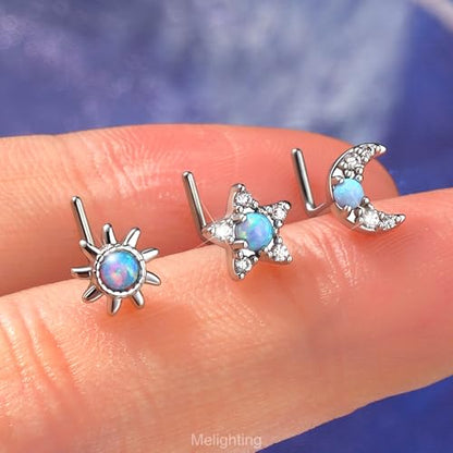 MeIighting 3pcs 20G L-Shaped Nose Ring Set, 7mm Star and Moon Nose Studs, Stainless Steel 316L Nose Jewelry with White Opal and Zircon, Celestial Nose Piercing Jewelry for Women