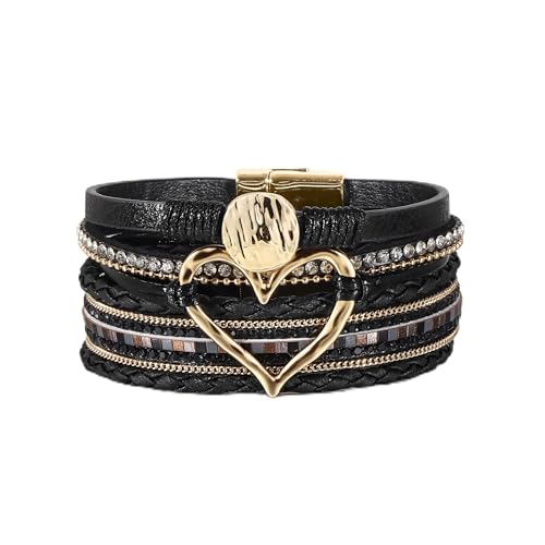 Edoneery Leather Wrap Bracelets for Women, Boho Layered Cuff Bangle | Multi-layer Leather Cuff, Daily wear, Stackable Bangle, Easy on-off, Western Jewelry Gifts for Women - color: Black-2
