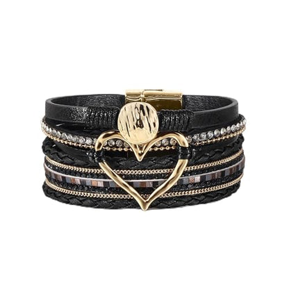 Edoneery Leather Wrap Bracelets for Women, Boho Layered Cuff Bangle | Multi-layer Leather Cuff, Daily wear, Stackable Bangle, Easy on-off, Western Jewelry Gifts for Women - color: Black-2