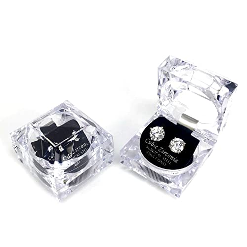 Stainless Steel Round Cut Cubic Zirconia Stud Earrings With Clear Case - Gold, Silver (3mm~12mm) - color: 10mm-Silver