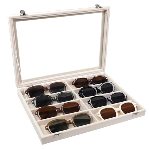 Stratalife Jewelry Organizer, Velvet Sunglasses Storage Box, 13.78"x9.4" | 8 Grid Sunglass Display Tray with Lid, Glasses Storage Case for Drawer, Watch Box for Men and Women, Beige - color: Beige, size: 8 Grid