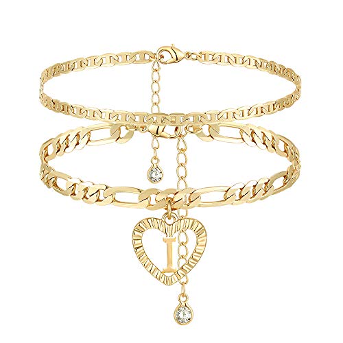 YANODA Initial Ankle Bracelets for Women 14K Gold Plated Layered Figaro Chain Letter Initial Anklets Handmade Layered Heart Ankle Bracelets Personalized Jewelry for Women - color: I