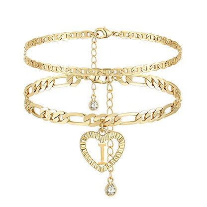 YANODA Initial Ankle Bracelets for Women 14K Gold Plated Layered Figaro Chain Letter Initial Anklets Handmade Layered Heart Ankle Bracelets Personalized Jewelry for Women - color: I