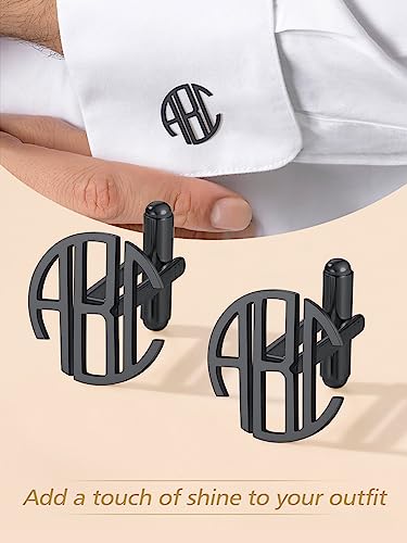 FindChic Stainless Steel Round Cufflinks with Custom Text/Picture/Monogram Letters 18K Gold Plated/Black Color for Men Groom Suits Shirts, with Gift Box - style: 03. custom 3 letters (black)