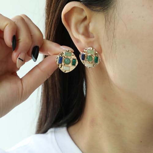 Geometric Large Stud Statement Earrings, Gold Tone Square Stud with Multi-Color Gemstone Design, Fashion Jewelry for Women - color: Cyan
