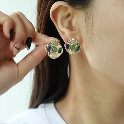 Geometric Large Stud Statement Earrings, Gold Tone Square Stud with Multi-Color Gemstone Design, Fashion Jewelry for Women - color: Cyan