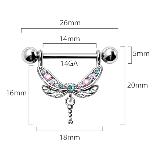 Pierced Owl 14GA 316L Stainless Steel CZ Crystal Aurora Borealis Dragonfly Dangling Nipple Barbells, Sold as a Pair