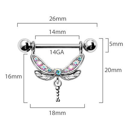 Pierced Owl 14GA 316L Stainless Steel CZ Crystal Aurora Borealis Dragonfly Dangling Nipple Barbells, Sold as a Pair