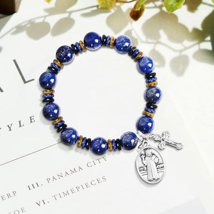 Rosary for Men Women, Natural Stone Beads with St. Benedict Bracelet | 8 mm Natural Stone Prayer Beads with 10 mm Accent Beads, St. Benedict Crucifix, Matching Bracelet, Gift Box and Pouch. - color: Lapis Lazuli