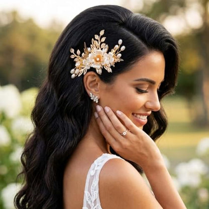 BARTOSI Gold Flower Bride Wedding Hair Clips Bridal Hair Pieces Floral Hair Accessories for Women and Girls