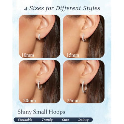 RANKEEF Small Rhinestone Hoop Earrings 925 Silver Everyday Cartilage Hoops Hypoallergenic Dainty 14K Gold Plated Huggie Sparkle Double Row Cubic Zirconia Hoop Earrings 10/15/20/25mm - color: Silver, size: 10mm