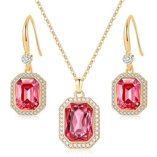 EVEVIC Octagon Austrian Crystal Necklace and Earrings Jewelry Set for Women | 14K Gold-Plated,Octagon-Cut Crystal with CZ Halo Shine,Adjustable Chain Fit,Elegant Sets for Weddings and Galas,Gift Box - color: Rose Pink