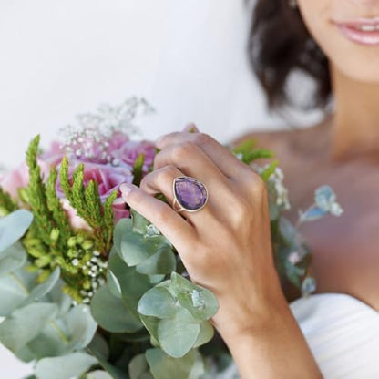 Crystal Ring for Women, Natural Rose Quartz Green Fluorite Ring for Her, Teardrop Shape Gemstone Ring, Handmade rose quartz Jewelry Adjustable Ring. - color: Amethyst