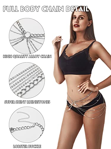 Rhinestone Body Chains Jewelry For Women And Girls Sexy Belly Waist Chain Bikini Beach Accessories Suitable for a Variety of Carnival scenes - style: Small-30INCH -Silver