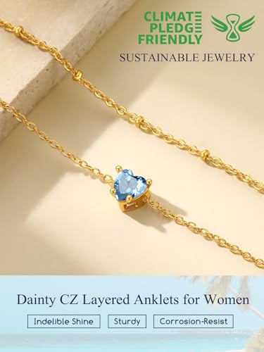 Suplight Gold Plated Butterfly Anklets for Women Waterproof, Layered Boho Ankle Bracelet with Birthstone, Stainless Steel Adjustable Non-Tarnish Heart Foot Jewelry Beach Vacation - color: 10. Heart-Oct. Pink Tourmaline