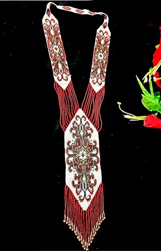 Long Beaded Necklace – Boho Native Handmade Seed Bead Tassel Necklace, Bohemian Large Statement Beaded Necklace for Women - color: Milan Red