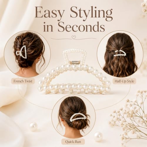 Large Pearl Hair Claw Clip, Clips Neutral Color Girls Hair Clips Claw, Big Hair Clips Hair Claws Hair Claws, Faux Pearl, Clips and Barrettes for Thin, Thick, Curly or Long Hair