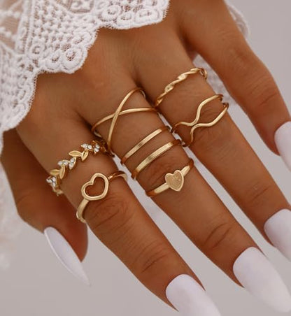 iF YOU 25 Pcs Gold Stackable Ring Set for Women, Chunky Knuckle Finger Midi Rings, Silver Simple Stacking Cute Rings Pack Trendy Stuff Jewelry Gift - style: 24 Gold pearl heart rings