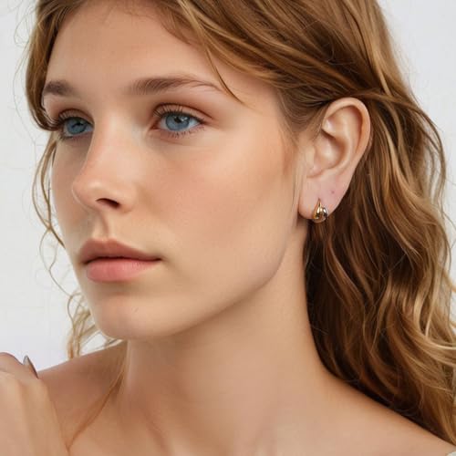 14K Gold Plated Two-Tone Oval Hoop Earrings for Women, Water Drop Design Lightweight Huggie Earrings,925 Sterling Silver Posts Double Drop Chunky Hoops Hypoallergenic Ear Buckles - color: Silver
