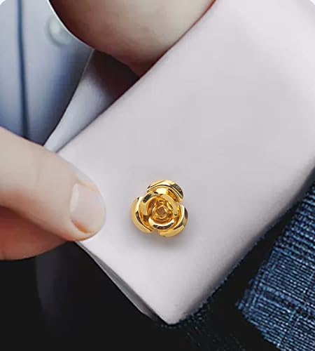Unique Rose Flower Cufflinks and Tie Clip Set for Men Regular Necktie | Silver/Golden/Black Men's Tie Pin and Cuff Links for Wedding Party Daily Office Formal Casual Business Tuxedo Dress Accessory - style: 14K Gold Plated Cufflinks Tie Pin Set