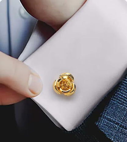 Unique Rose Flower Cufflinks and Tie Clip Set for Men Regular Necktie | Silver/Golden/Black Men's Tie Pin and Cuff Links for Wedding Party Daily Office Formal Casual Business Tuxedo Dress Accessory - style: 14K Gold Plated Cufflinks Tie Pin Set