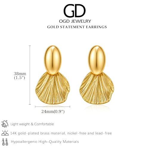 OGD Chunky Gold Statement Earrings For Women Trendy Gold Plated Sectored Flower Leaf Angel Wing Earrings Large Stud Jewlery Hypoallergenic - color: Shell-Gold