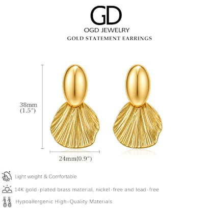 OGD Chunky Gold Statement Earrings For Women Trendy Gold Plated Sectored Flower Leaf Angel Wing Earrings Large Stud Jewlery Hypoallergenic - color: Shell-Gold