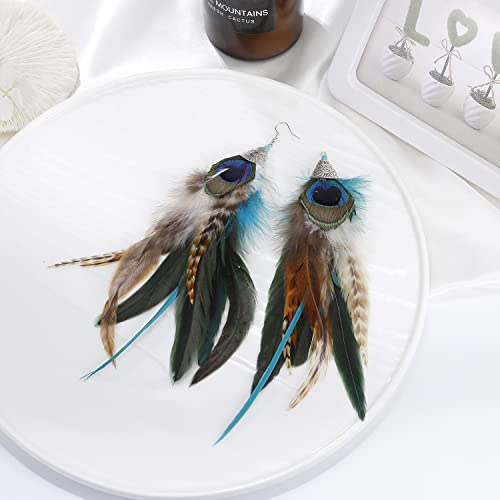 Bohemian Pheasant Peacock Long Feathers Statement Earrings Handmade Natural Lightweight Feather Dangle Earrings for Women (ea000071) - color: Peacock Blue