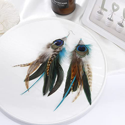 Bohemian Pheasant Peacock Long Feathers Statement Earrings Handmade Natural Lightweight Feather Dangle Earrings for Women (ea000071) - color: Peacock Blue
