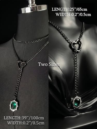 Women's Heart O-Ring Slip Chain Necklace, Double Layered Adjustable 39'' Cuban Chain with Detachable Heart Clasp and Colorful Rhinestone Pendant - color: 39'' Black-Emerald Green