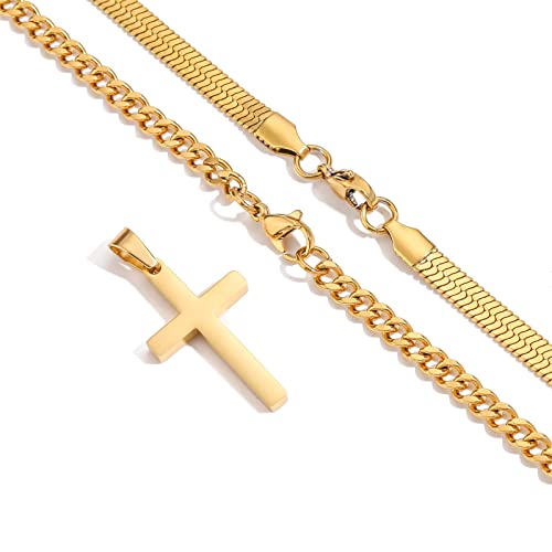 Zocomi Cross Necklace for Men Boys, Stainless Steel Layered Cuban Link Herringbone Chain Cross Pendant Christian Fashion Jewelry Gifts 16-24 Inches - color: Gold, size: 22inch/24inch, style: Herringbone+Cuban