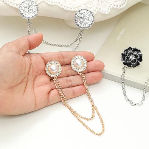 Vintage Sweater Shawl Clip Chain Antique Retro Cardigan Dress Cloak Collar Lapel Brooch Pin With Hanging Chain Rose Flower Leaf Pearl CZ Shirt Suit Holder Clasp Accessories Gift for Women Men