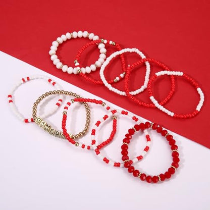 ZOLEAROPY Game Day Bracelets Stack Football Bracelets for Women Men Stackable Game day Bracelet Accessories Football Mom Outfit Jewelry Gifts - color: red white