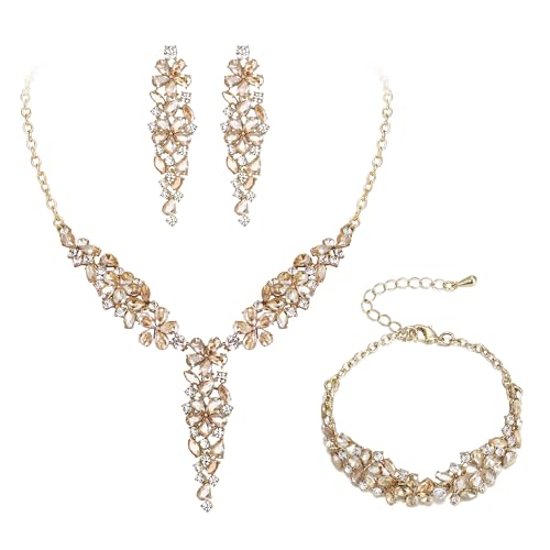 EleQueen Statement Sparkle Crystal Necklace Bracelet Dangle Earrings Set for Women, Art Deco Prom Chandelier Jewelry for Wedding Bridal - color: Brown Gold-Plated-Base