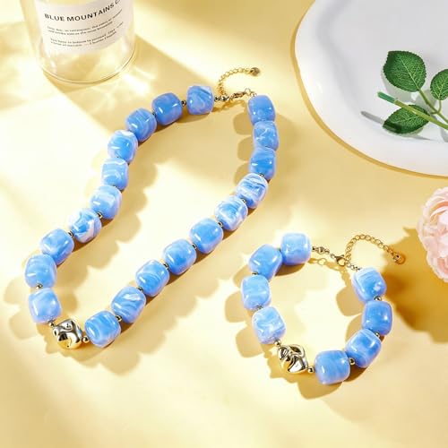 NEWITIN 2 Pieces Summer Beach Jewelry for Women Chunky Beaded Necklace Bracelet Trendy Big Resin Beaded Choker Boho Charm Statement Colorful Jewelry Set for Women - color: Blue