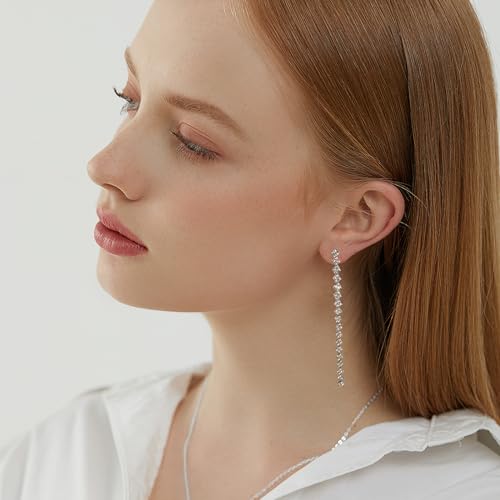 Luxval Rhinestone Earrings Dangling for Women Sparkly Silver Dangle Earrings Girls Long Chandelier Earrings Tassel Lightweight Ear Studs Cubic Zirconia Crystal Statement - color: Silver-Linear Earrings