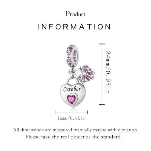 925 Sterling Silver Birthstone Bracelet Charm - Unique Heart Shaped Design, Fits most Europe Pandora Bracelets and Necklaces, women's DIY holiday Gifts - style: J-October